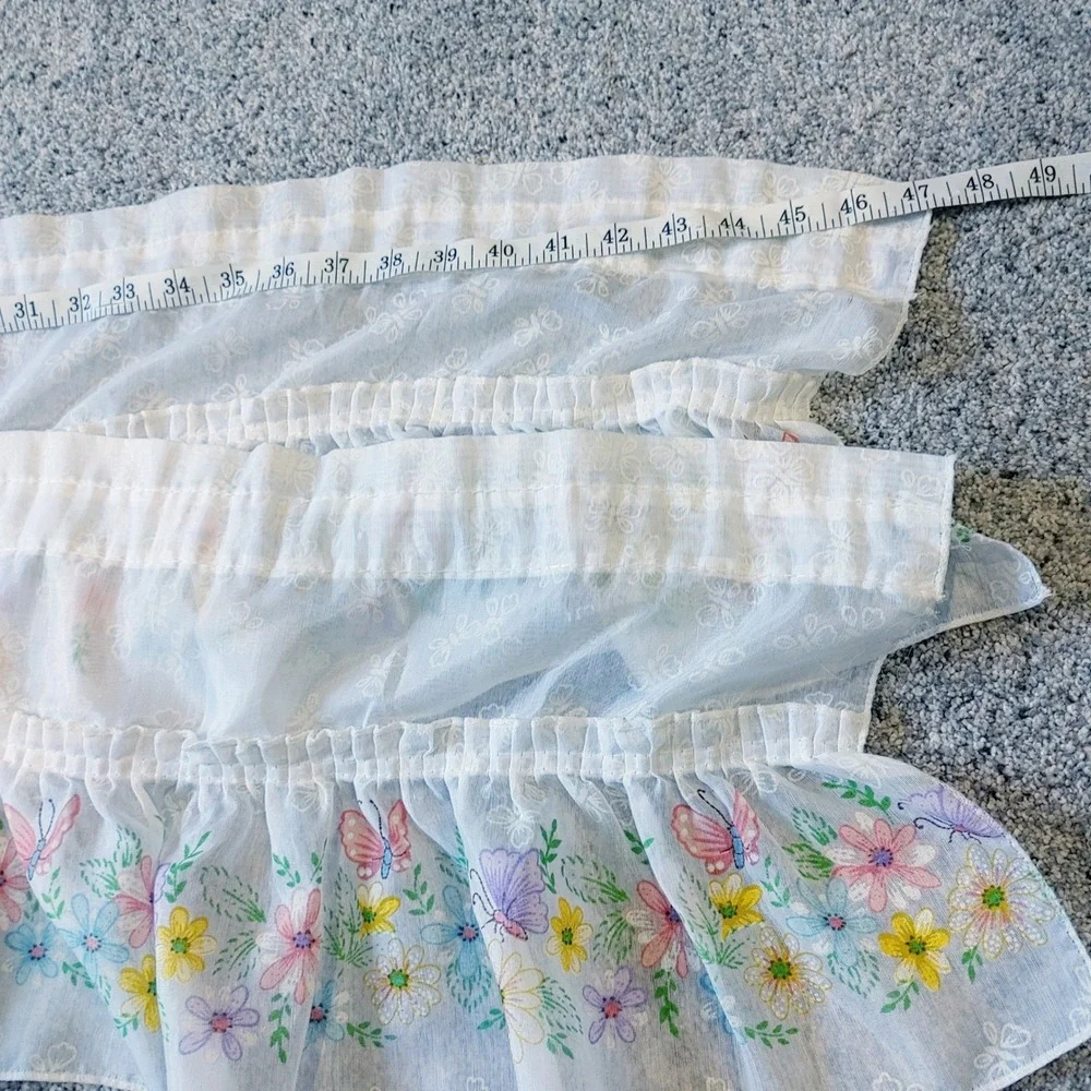 Vtg Whimsical White Sheer Floral Butterfly Curtain 2 Valance 2 Panels Pastel